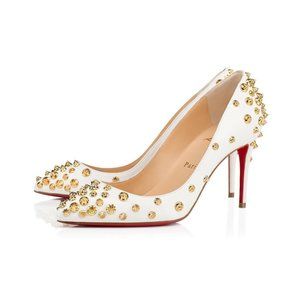 Christian Louboutin White Leather Studded Pumps with Gold Spikes and Red Soles
